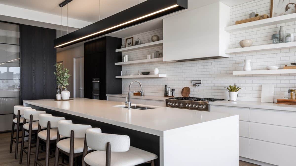 Elegant gray kitchen with navy open shelf island, gold dome pendants and rattan stools