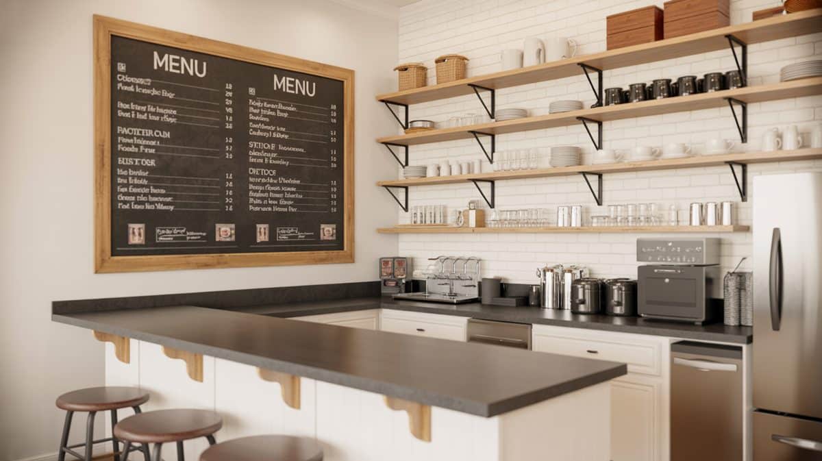 Farmhouse kitchen with blue lower cabinets, wood open shelves and hexagon tile