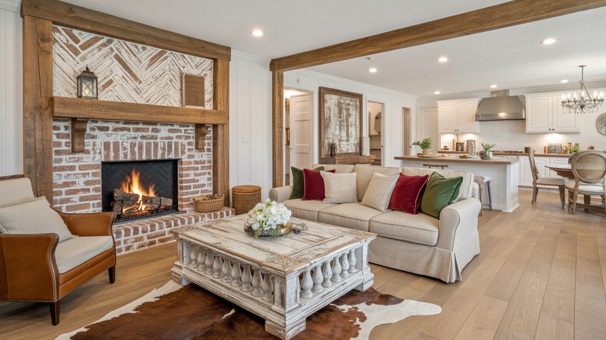 Farmhouse family room with rough hewn beam trim framing a whitewashed brick fireplace and distressed balustrade coffee table
