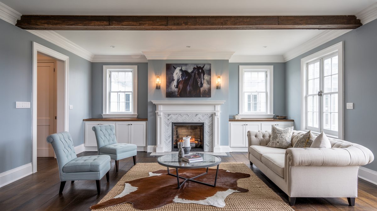 Blue gray sitting room featuring a single reclaimed timber beam, marble herringbone fireplace, and cowhide rug over jute