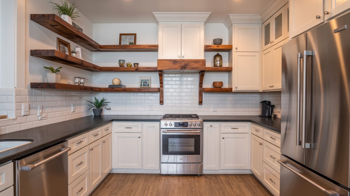 Gray peninsula kitchen with wood open shelves and metal barstools