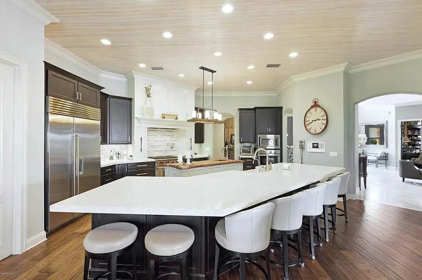 Kitchen with wood beadboard ceiling