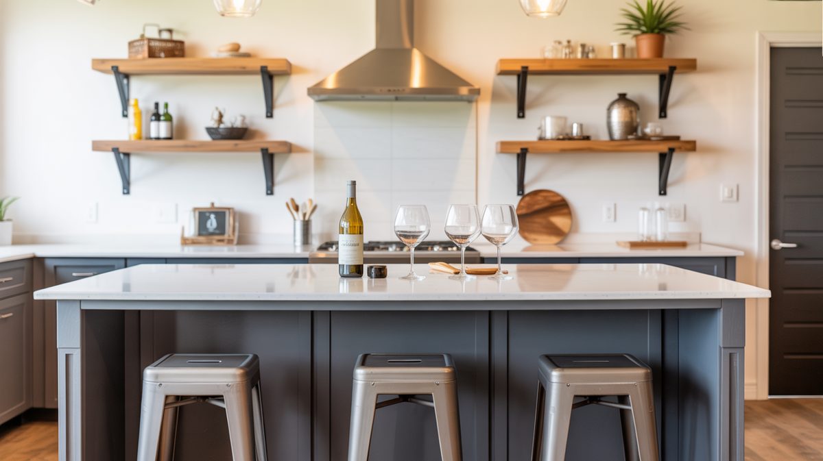 L-shaped white kitchen with reclaimed wood floating shelves and dark counters