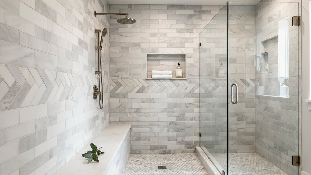 Walk-in shower with marble subway walls, chevron accent and white penny tile floor