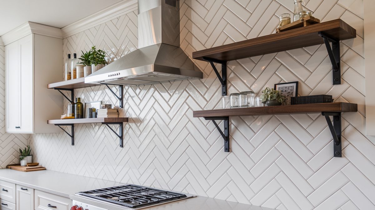 Large white farmhouse kitchen with rustic stacked shelves, granite island and lanterns
