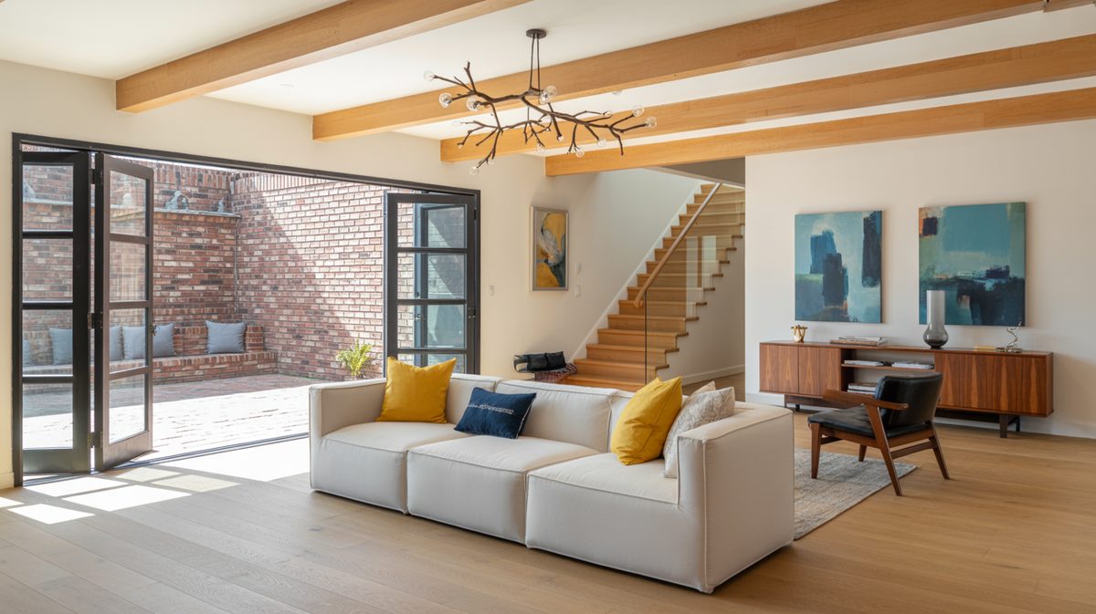 Living room with light oak ceiling beams, a white modular sofa, and black framed glass doors opening to a brick courtyard