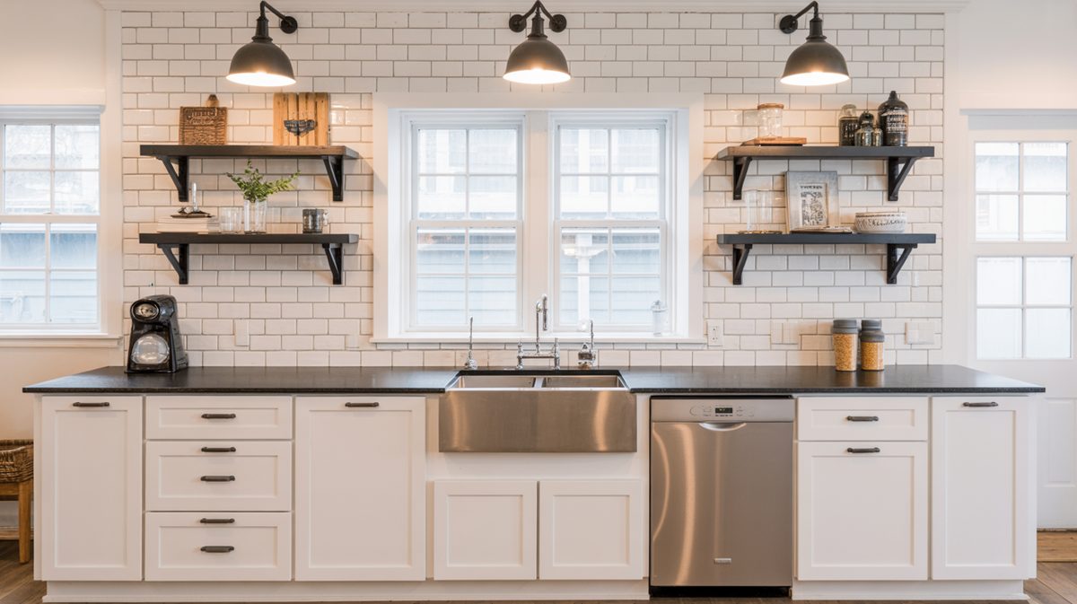 Luxurious white kitchen with waterfall marble island and floor-to-ceiling open shelves