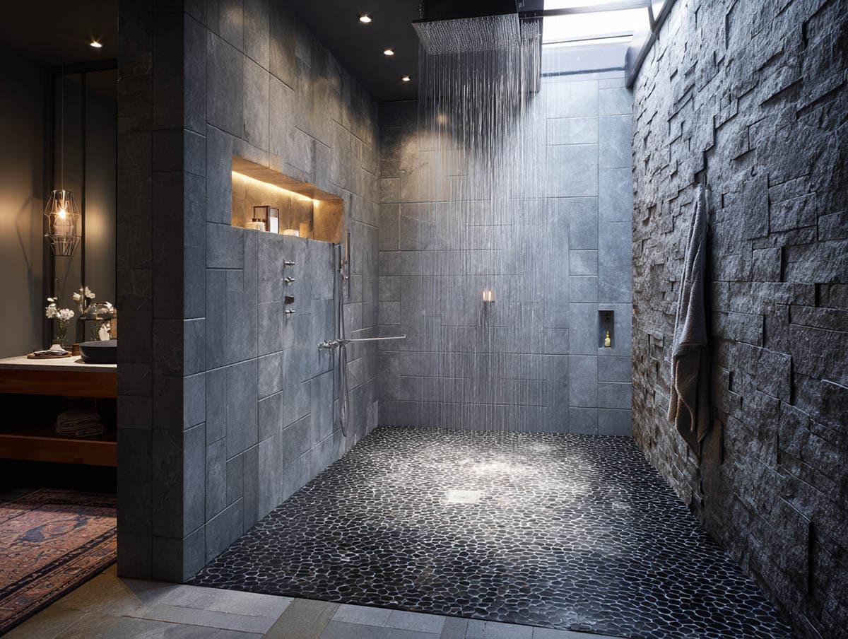 Luxury shower with tile made from black pebbles
