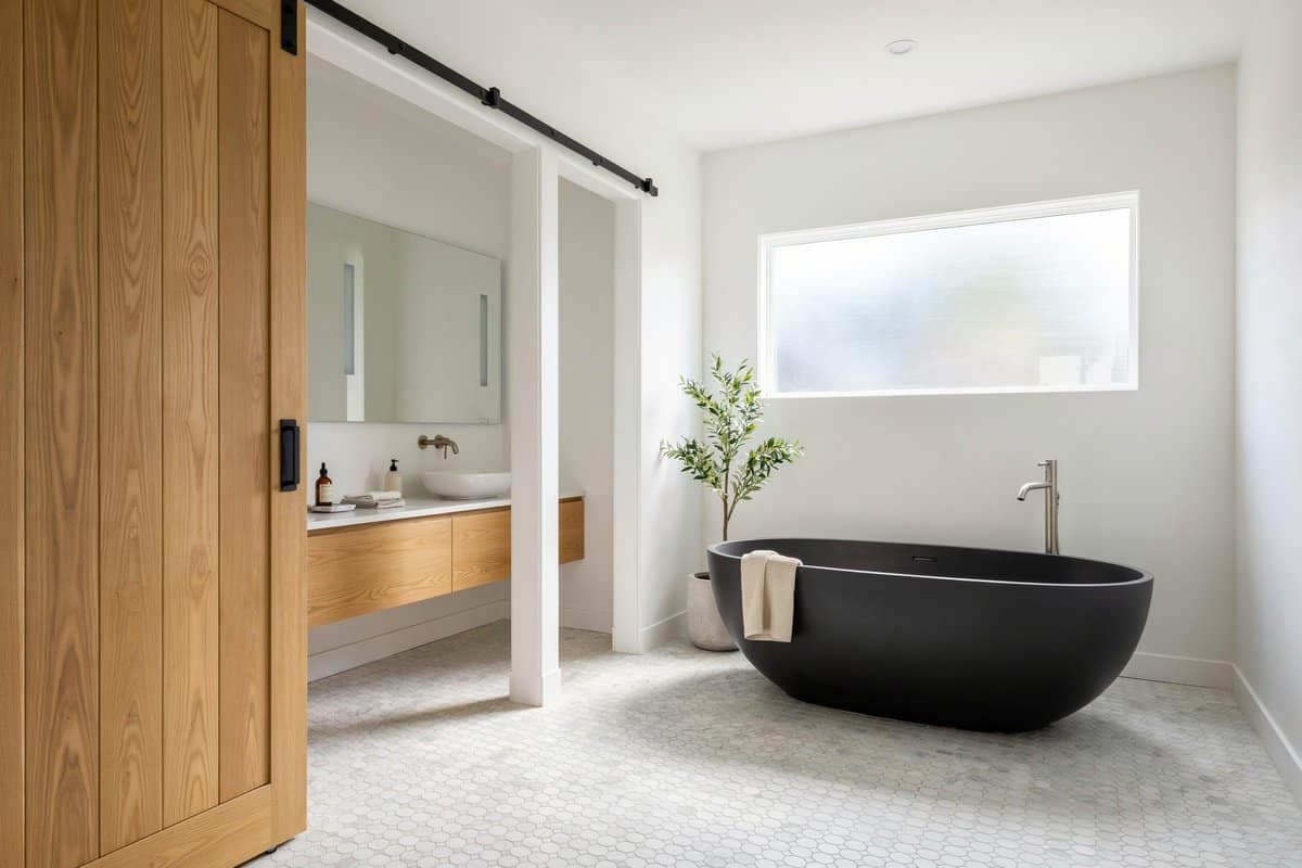 Bright master bathroom featuring white penny tile flooring and a sliding barn door
