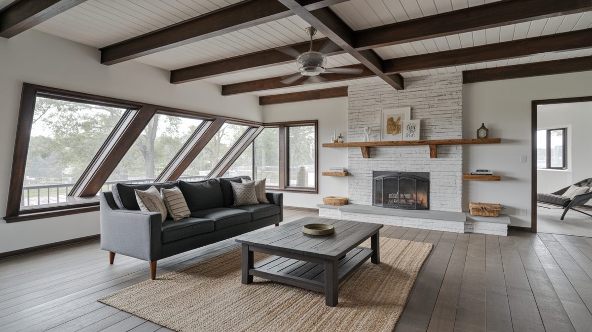 Midcentury lounge with dark stained ceiling beams, angled picture windows, white brick fireplace, and charcoal sofa