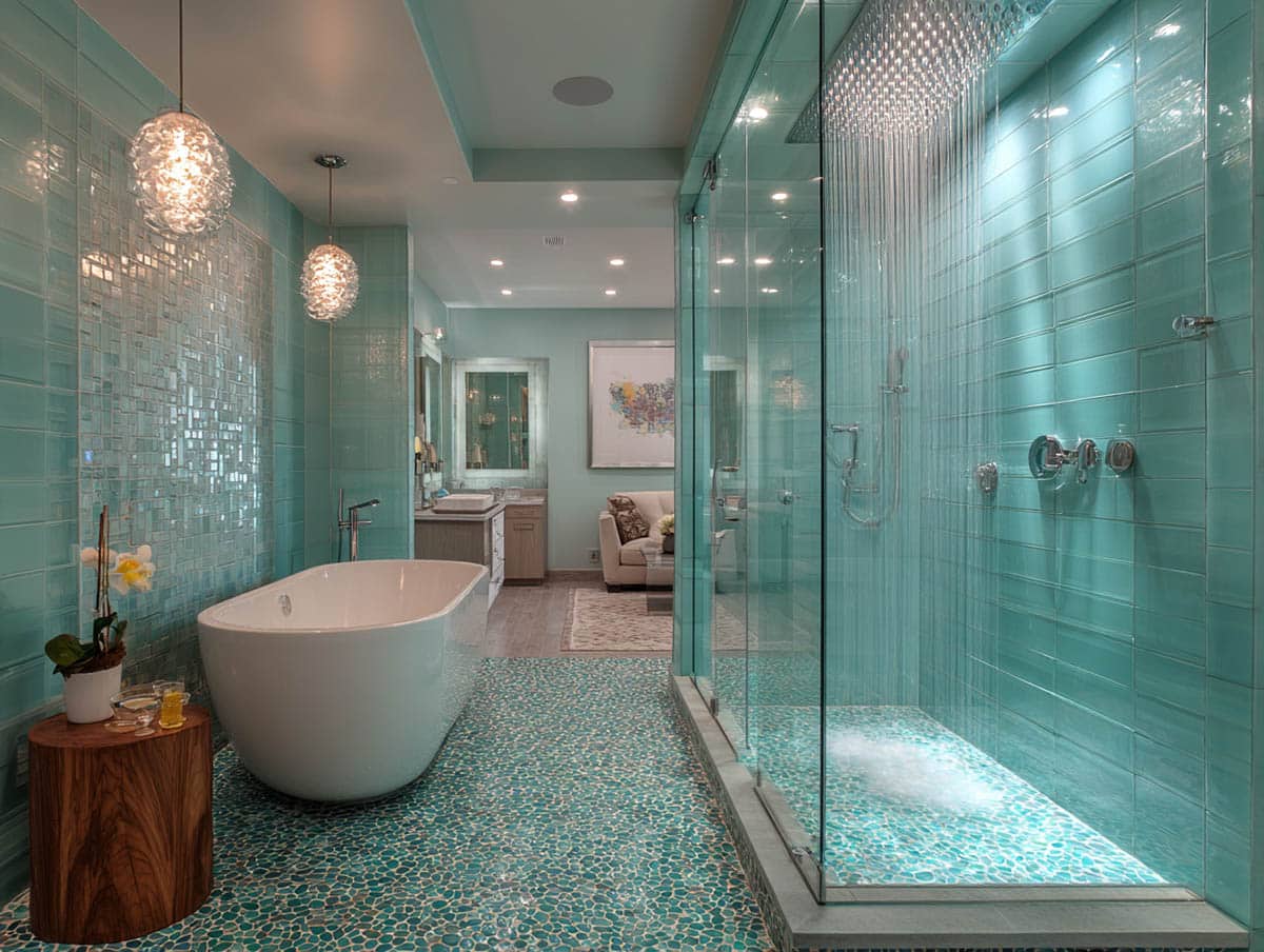 Modern bathroom with small aqua glass pebble floor tile