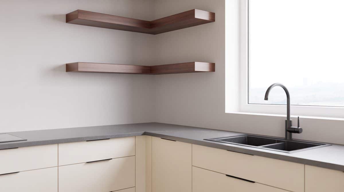 Modern black kitchen with doorless open upper cabinets and stacked stone backsplash