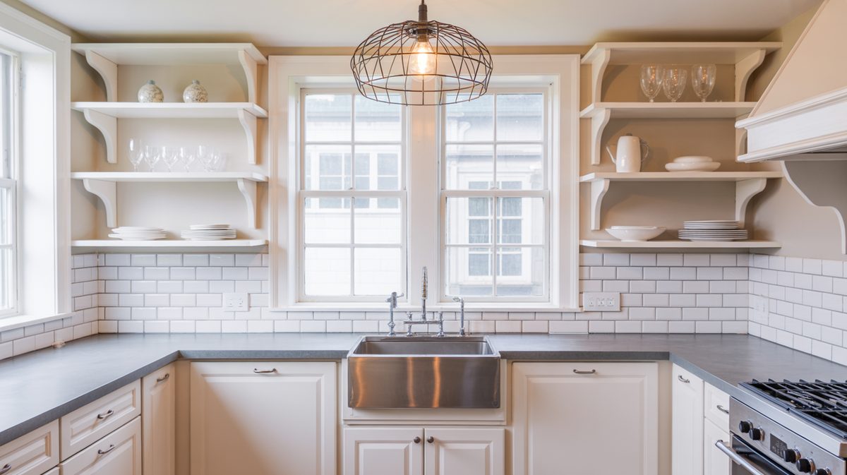 Modern gray kitchen with white ledge shelves displaying matching cans