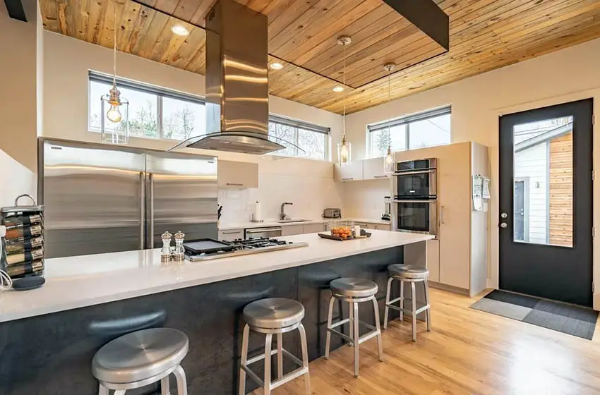 Modern kitchen with wood ceiling