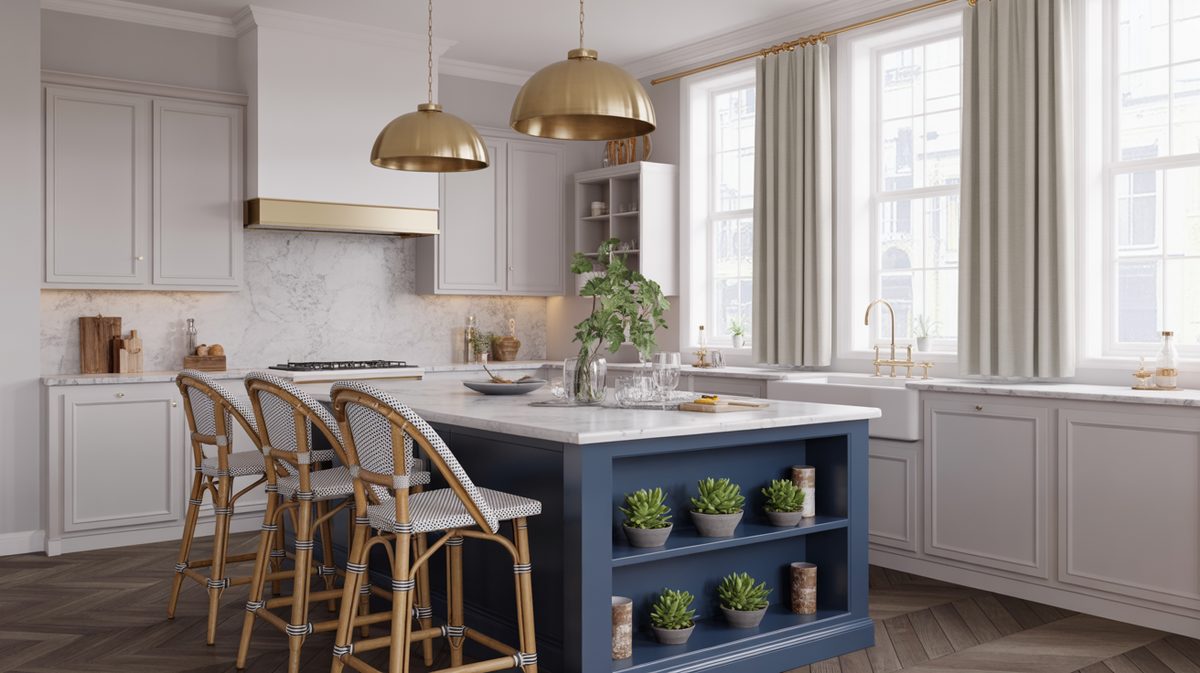 Modern white and black kitchen with minimal floating shelves and island
