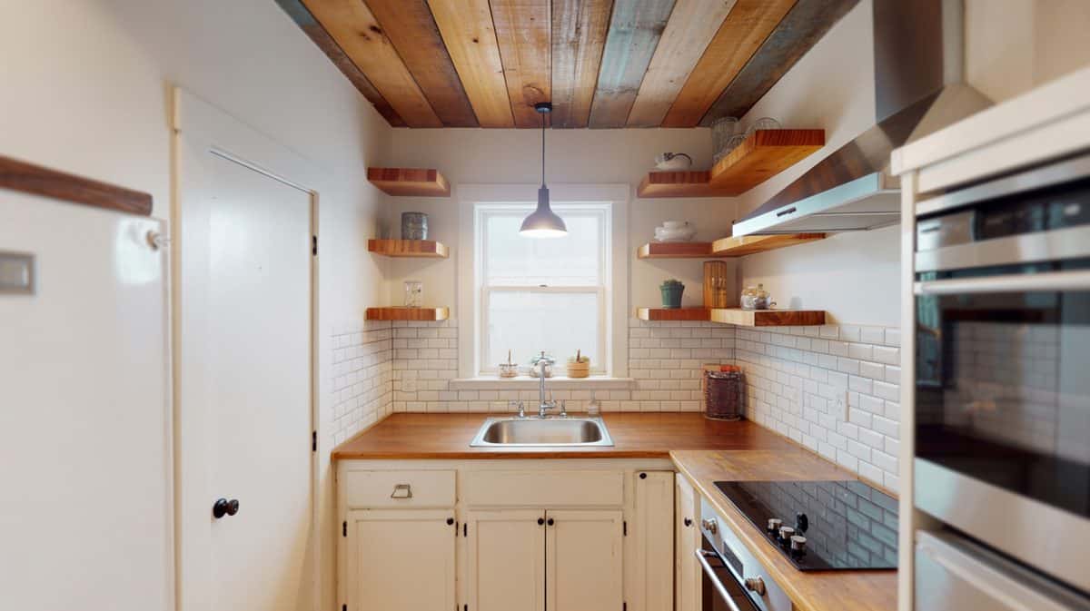 Narrow galley kitchen with stainless shelves, spice jars and window