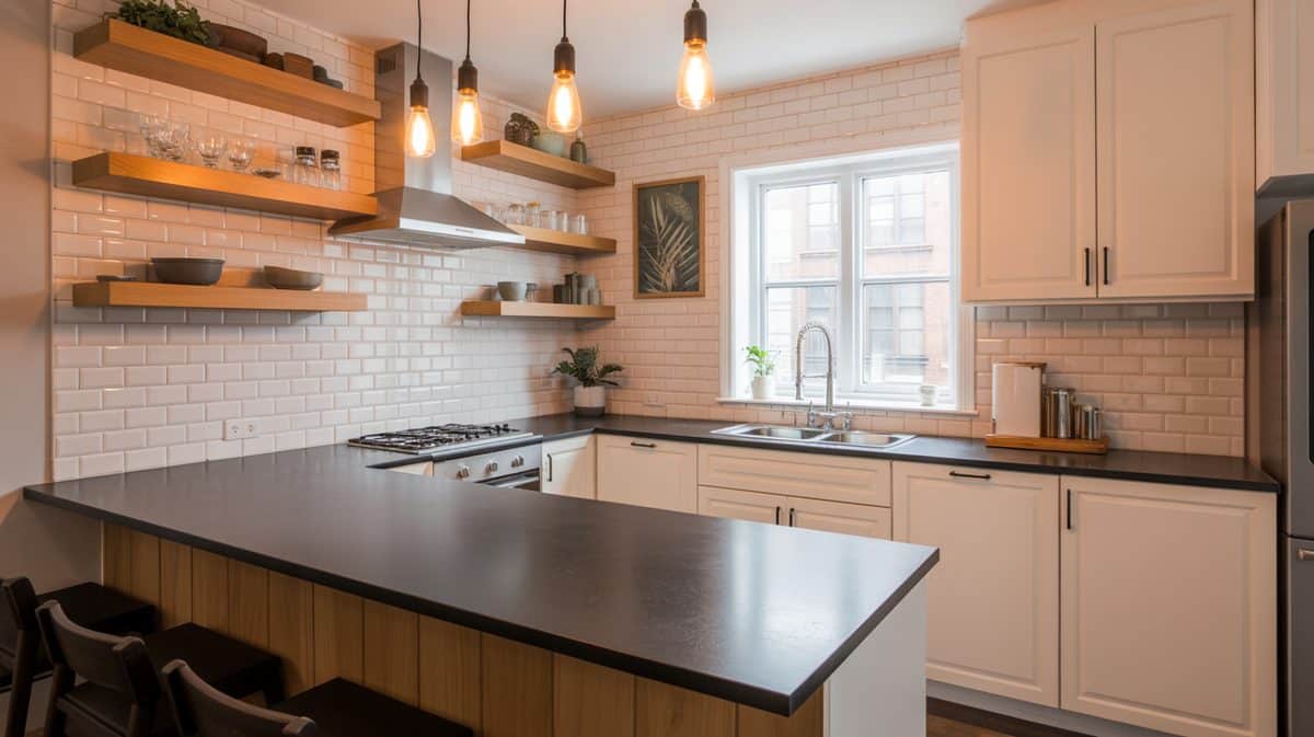 Narrow galley kitchen with wood shelves on both sides, subway tile and sconce
