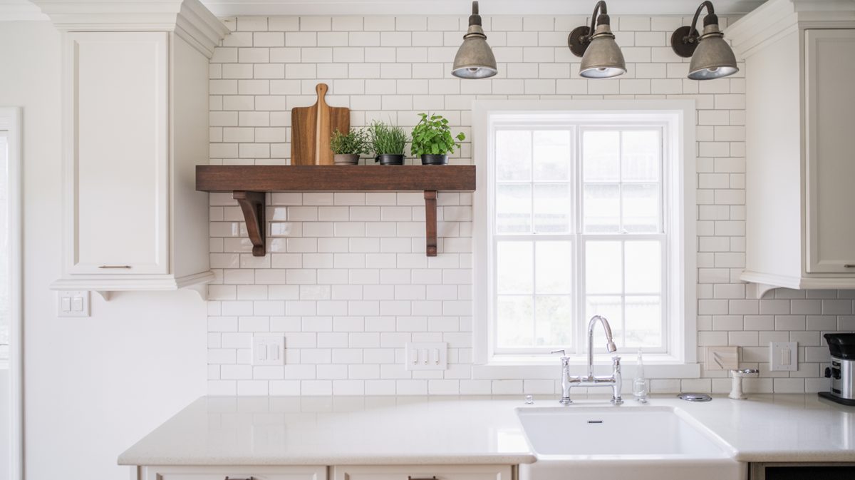 Navy cabinets with butcher block counter, wood open shelves and windows