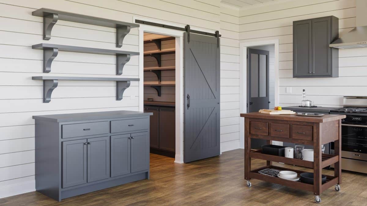 Open plan dark gray kitchen with wood shelves and walnut waterfall island