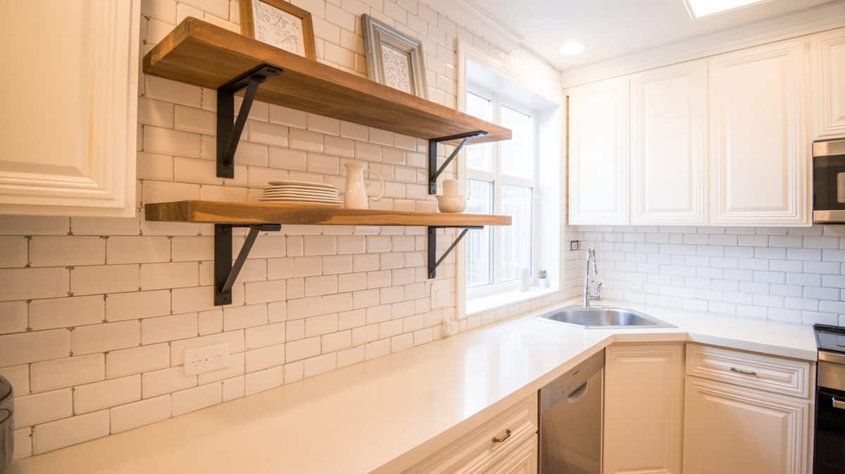 Open plan dark kitchen with wood shelves, island, upholstered stools and cage chandelier