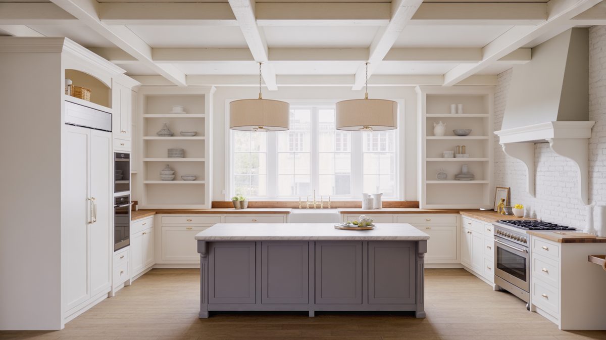 Open plan gray kitchen with doorless corner upper cabinets and open living area