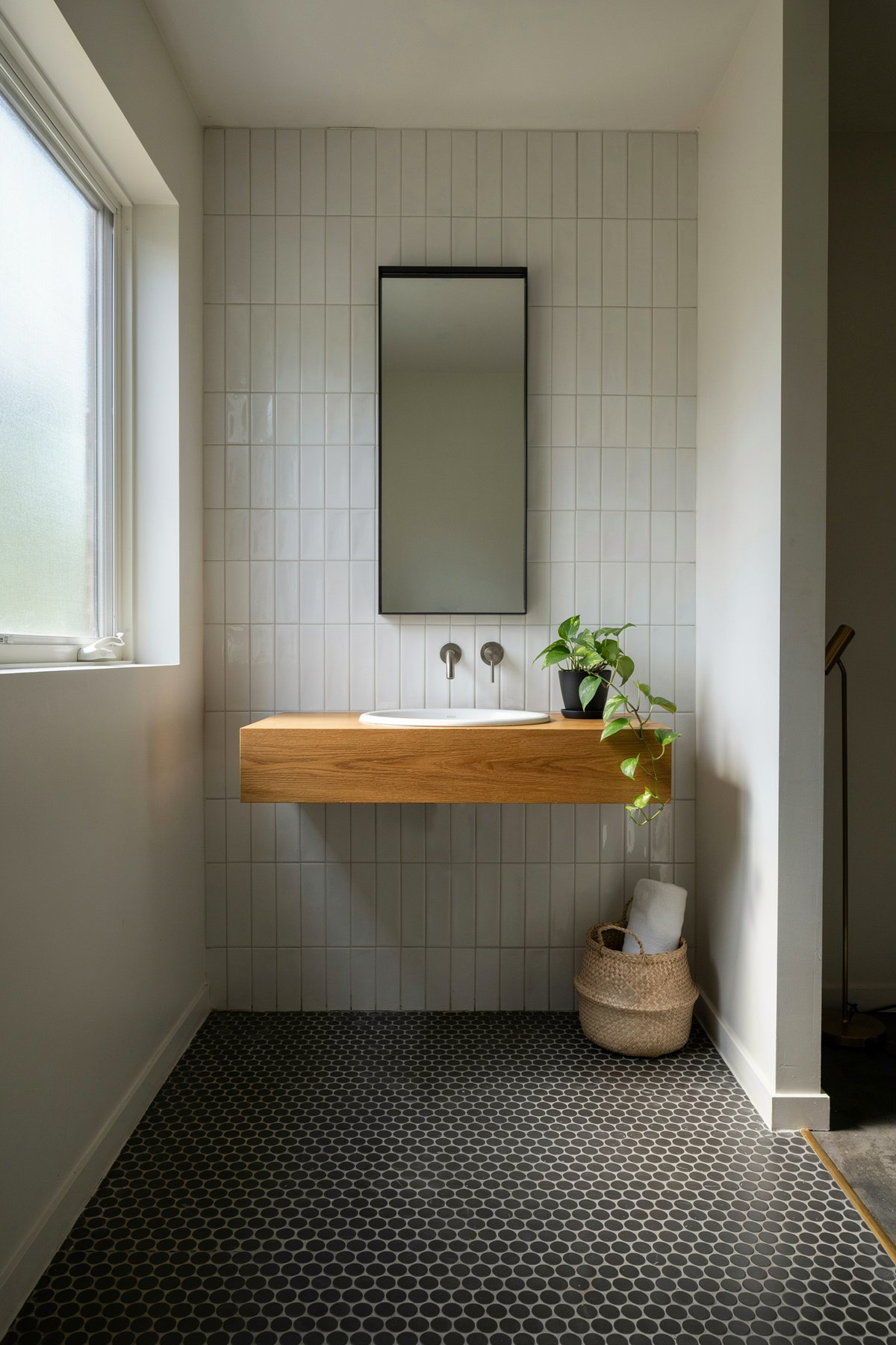 Small bathroom with black penny tile floor set in crisp white grout