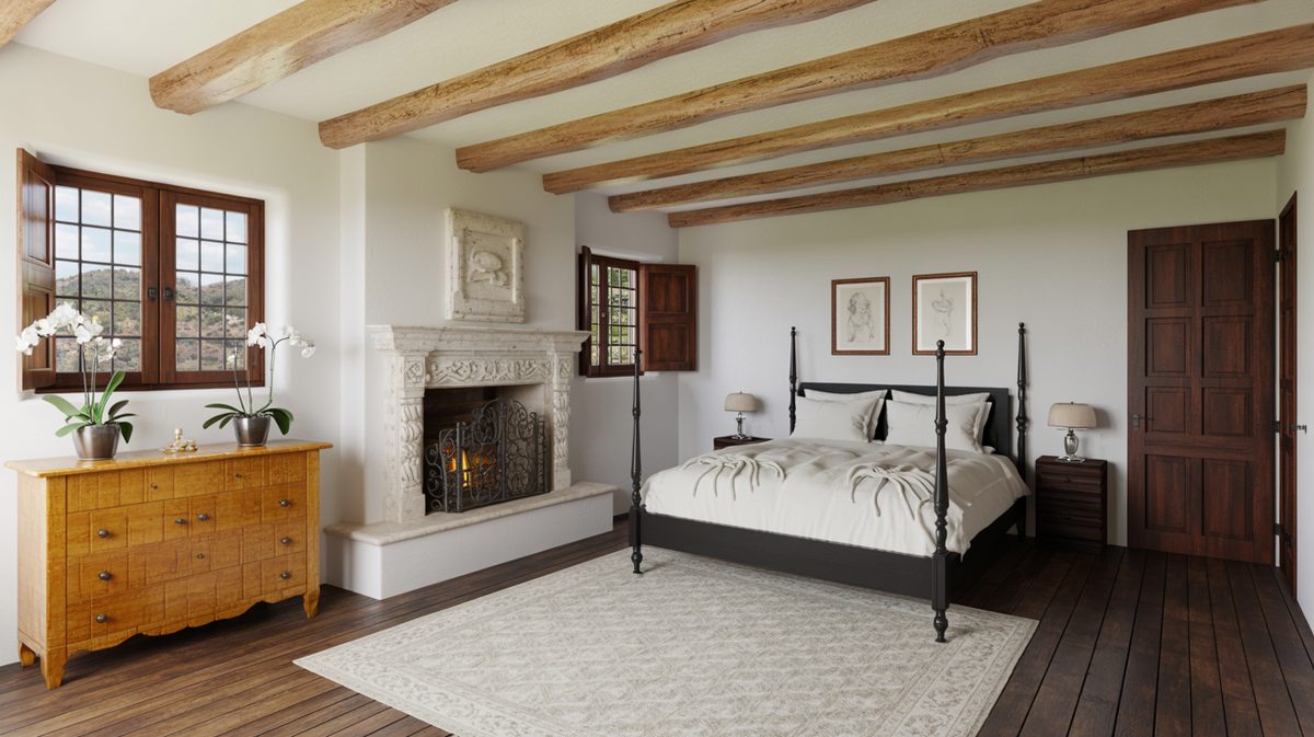 Rustic Mediterranean bedroom with hand hewn ceiling timbers, a carved stone fireplace, and black four poster bed