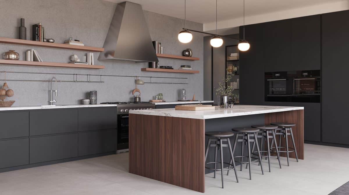 Rustic gray kitchen with open shelves, barn door and rolling wood island
