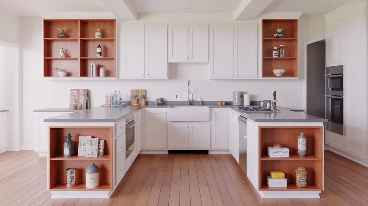 Rustic kitchen with wood plank accent wall and mason jar spice open shelves