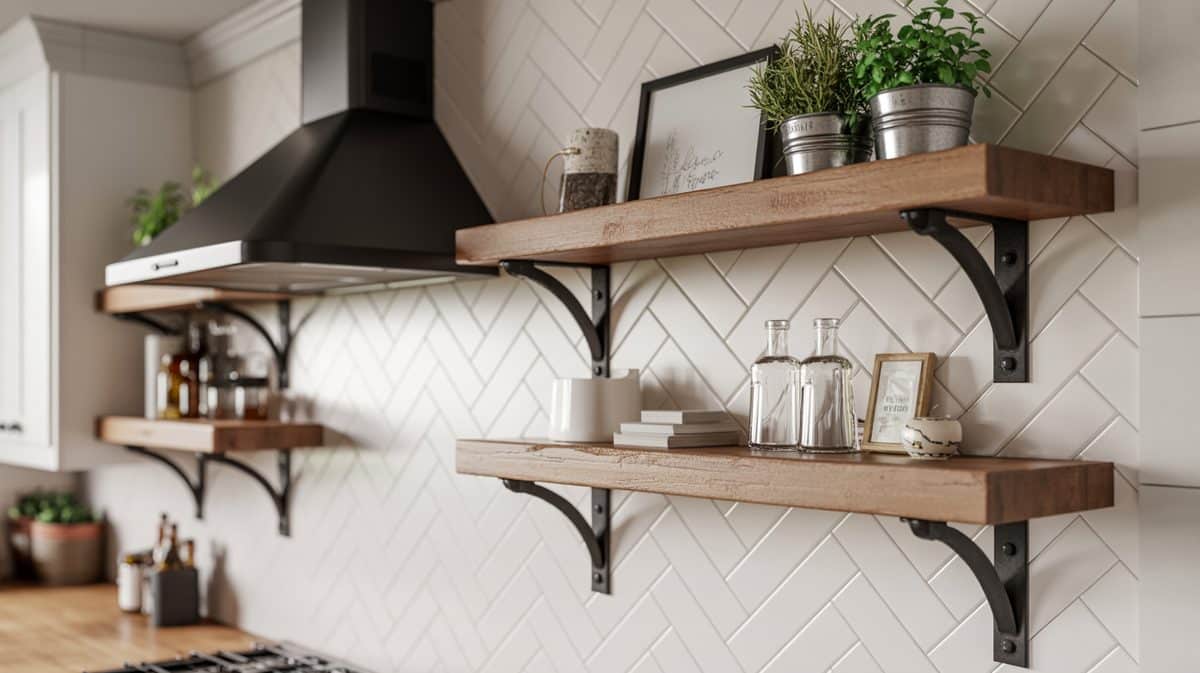 Single wall white kitchen with dark wood floating shelves