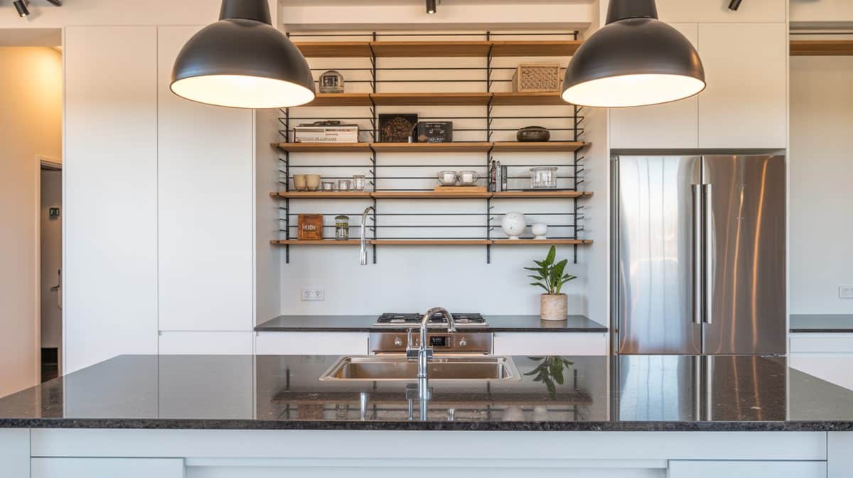 Small cozy kitchen with brick backsplash, copper sink and wood shelves
