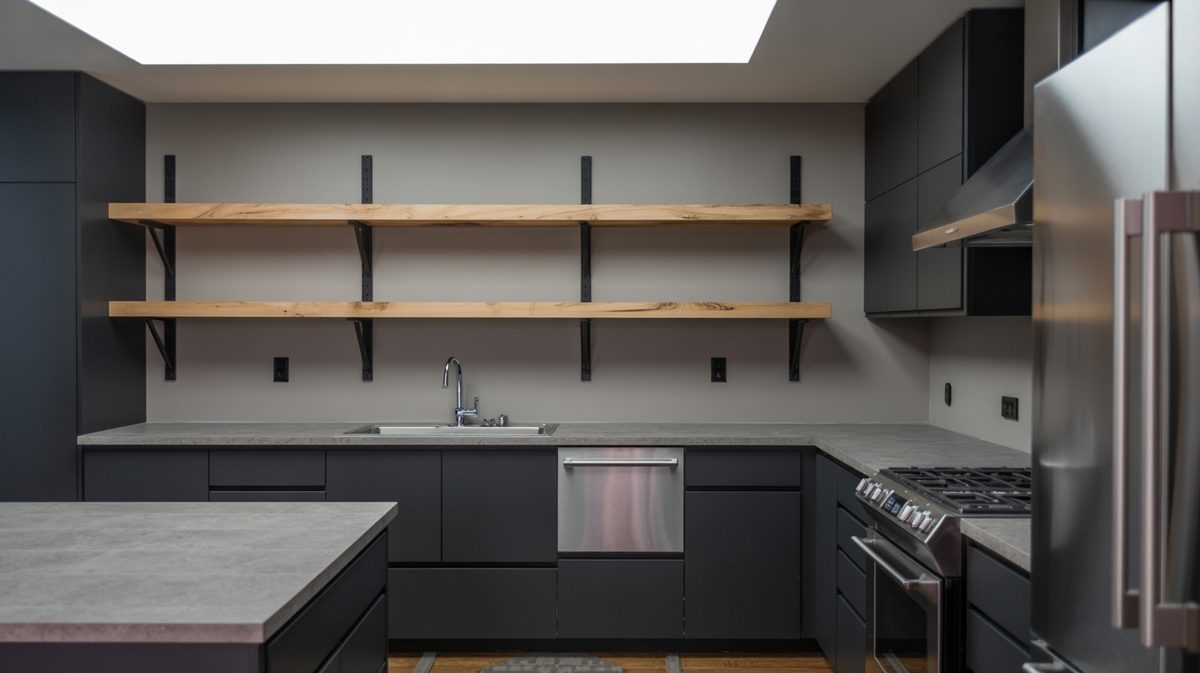 Small L-shaped kitchen with honey wood open shelves and butcher block counters
