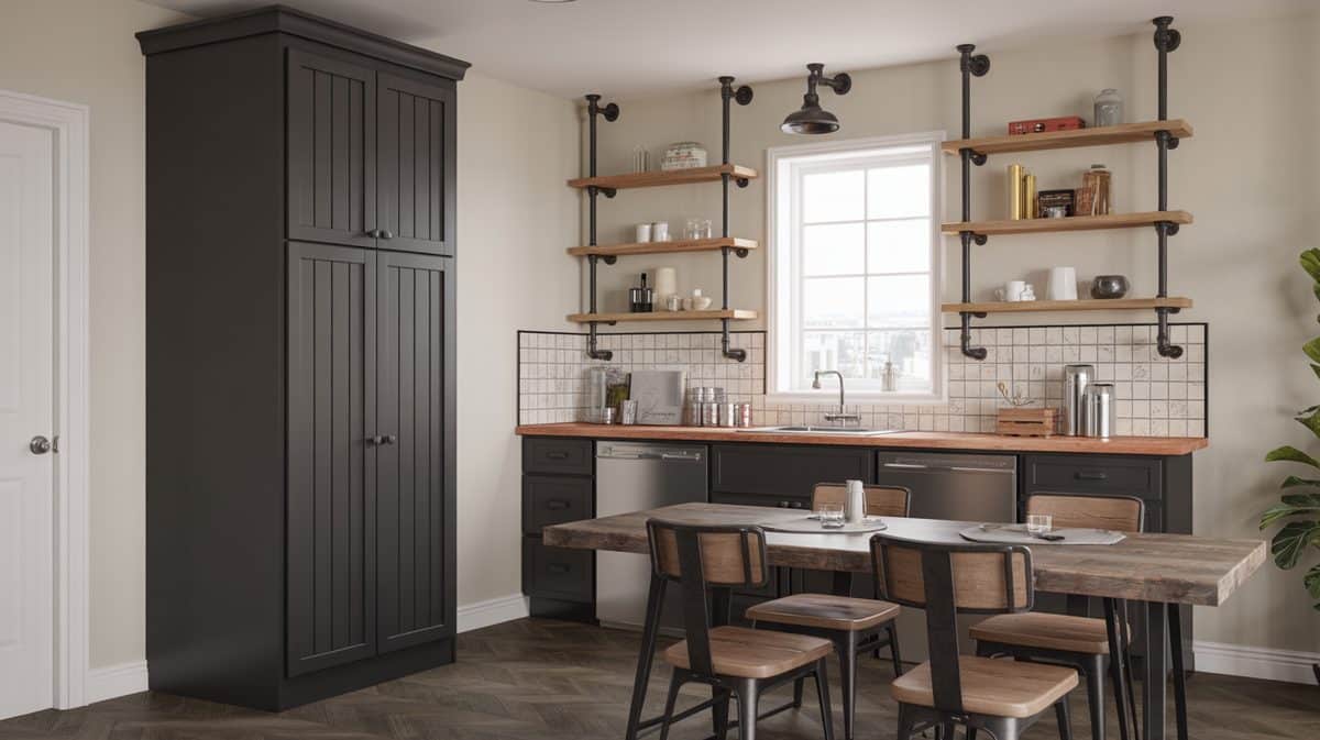 Small white kitchen with built-in wood corner shelves and marble counters