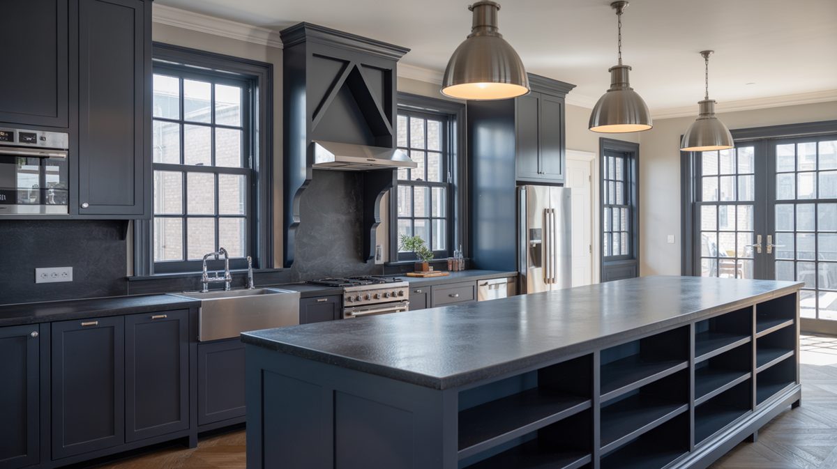 Small white kitchen with dark shiplap wall and white floating shelves