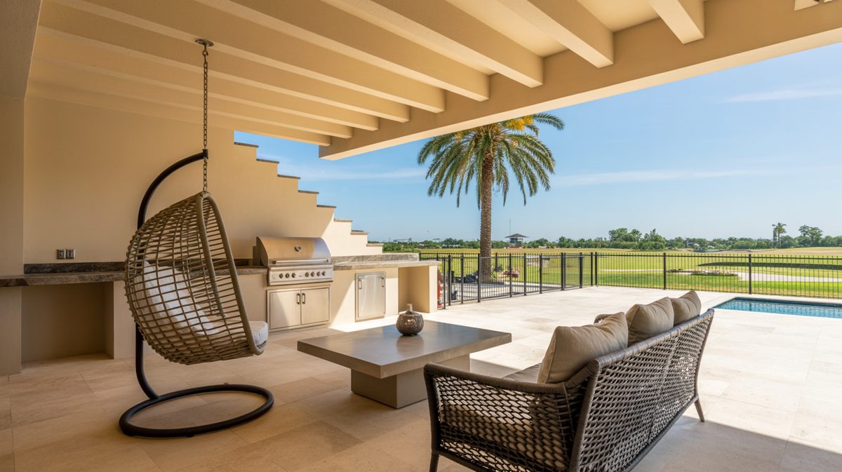 Covered patio with stepped cream ceiling beams, hanging egg chair, woven sofa, and built in grill beside a pool