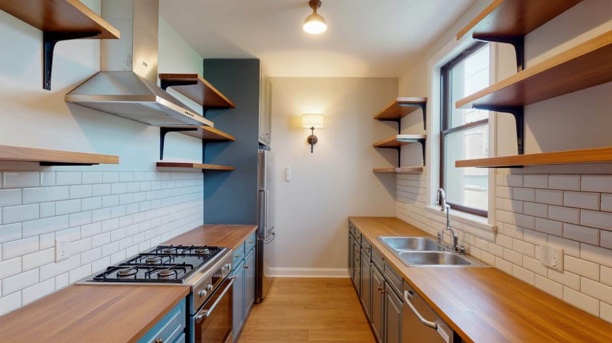 U-shaped kitchen with dark granite peninsula, wood shelves and Edison pendants