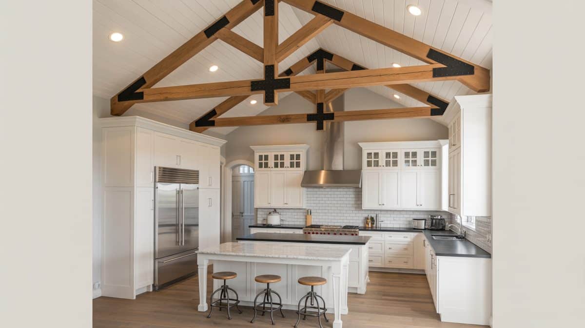 Cathedral ceiling kitchen with exposed timber trusses, black metal brackets, white shaker cabinets, and a marble topped island