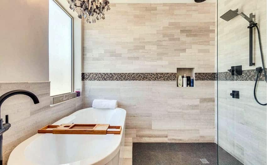 Walk in shower with penny tile flooring