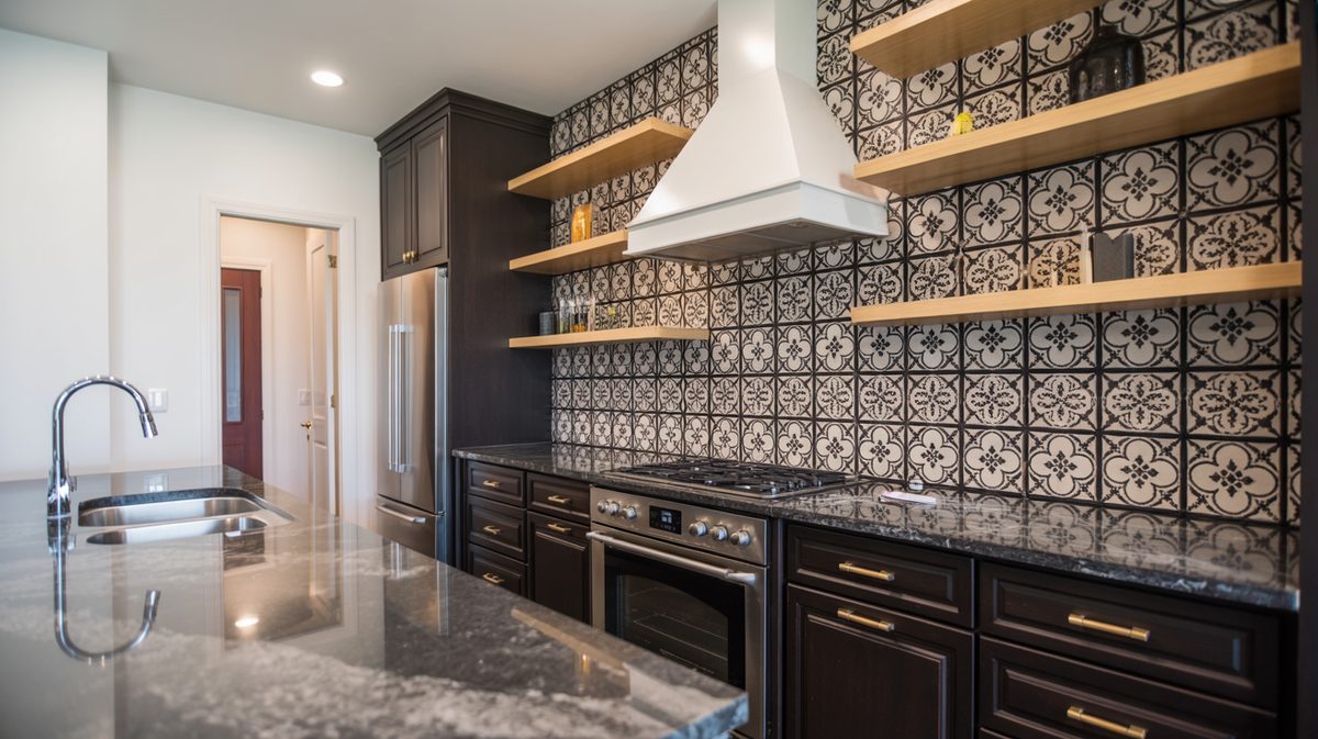 White farmhouse kitchen with X-detail island, open shelves and mug rack