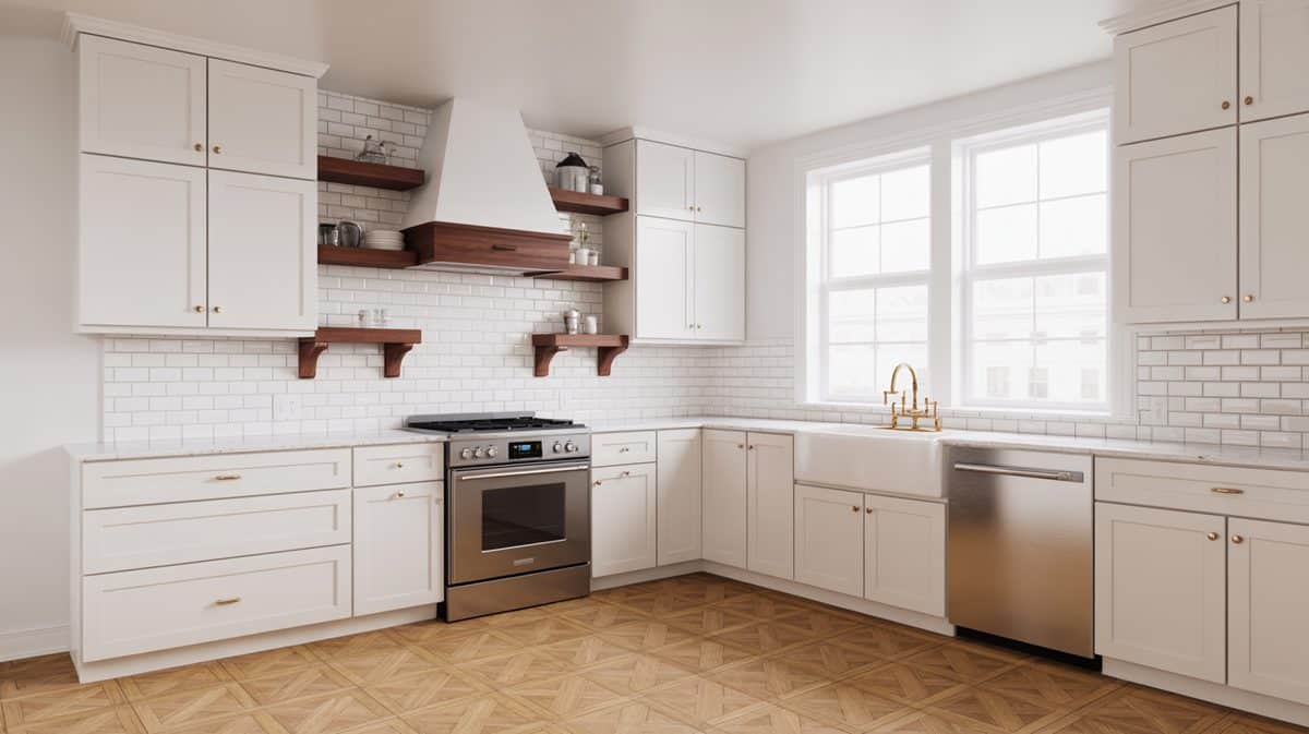 White herringbone tile kitchen with wood shelves, glass bottles and plants