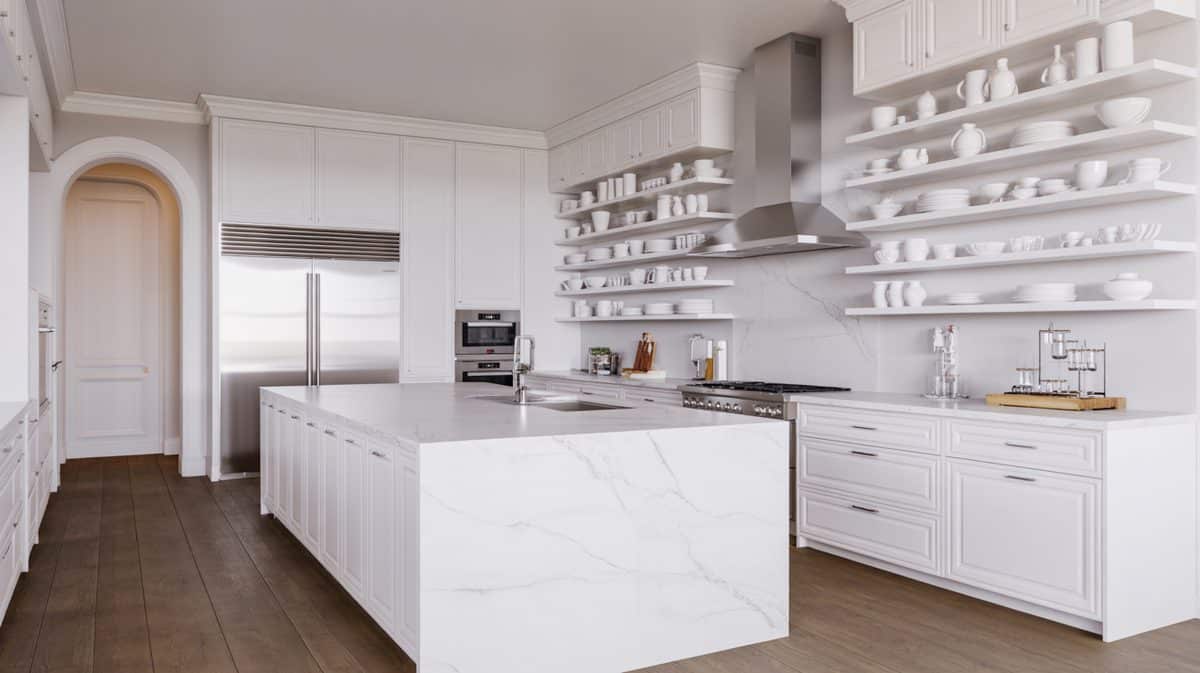 White kitchen with black floating shelves, window and subway tile