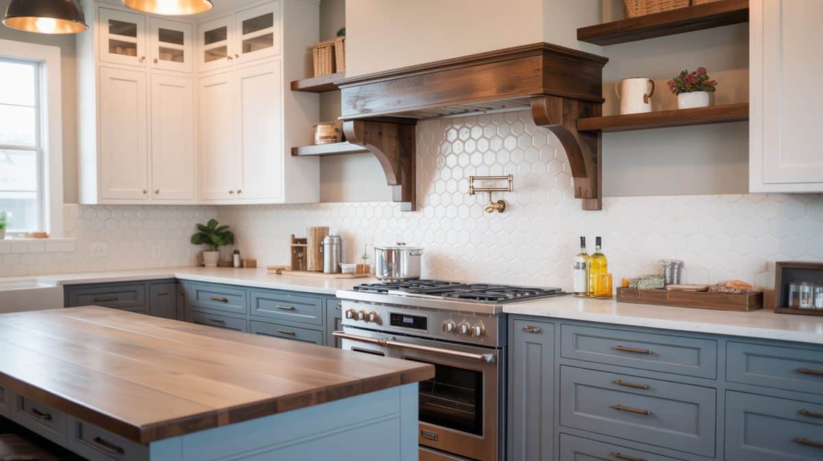 White kitchen with chalkboard wall, wood open shelves and dark counters