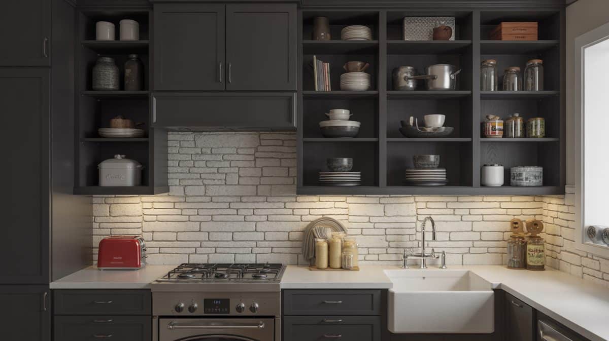 White kitchen with exposed wood beams and stacked open shelves
