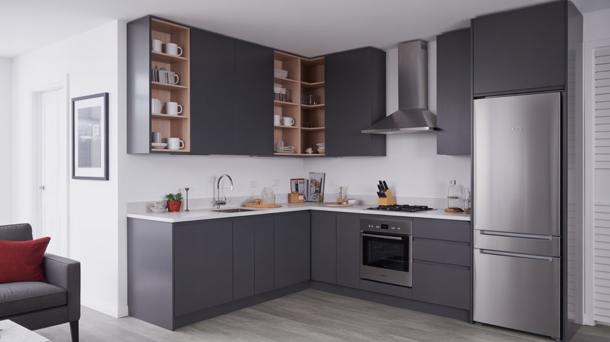 White kitchen with gray island, open shelves and drum pendants