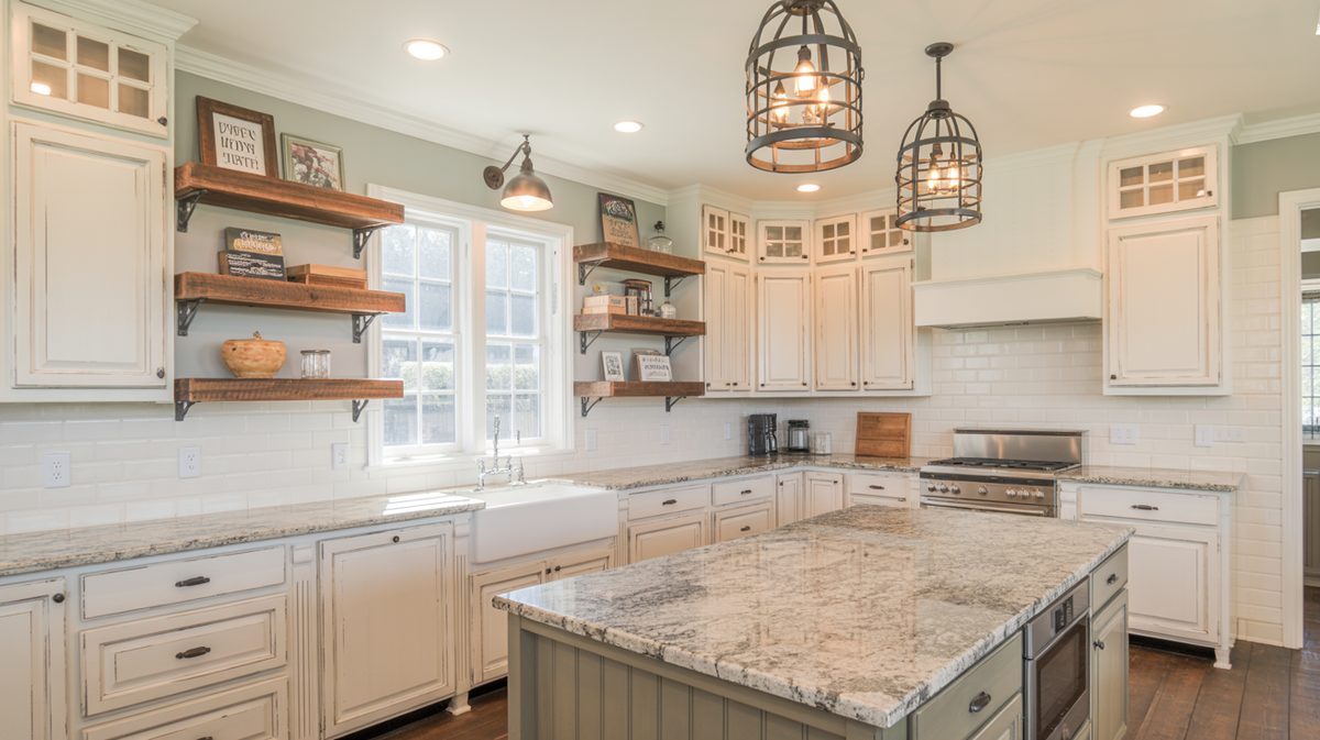 White kitchen with herringbone backsplash and open shelves