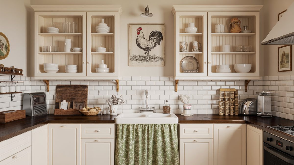 White kitchen with hexagon tile, corner open shelves and farmhouse sink