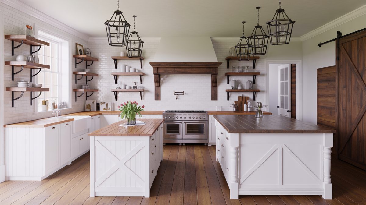 White kitchen with tufted linen chairs, dark brick tile backsplash and lit shelves