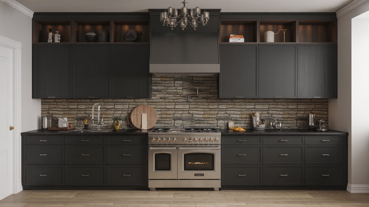 White modern kitchen with corner walnut open shelves and gray counters