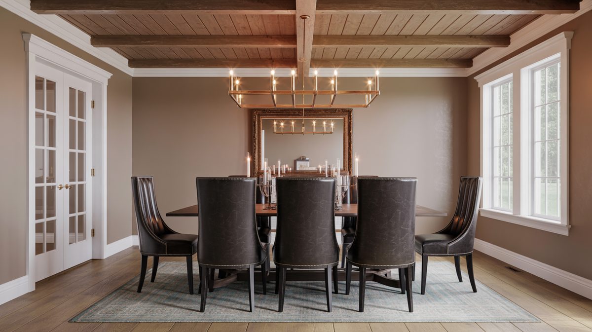 Dining space with wood plank and beam ceiling, brass candelabra chandelier, and dark leather high back chairs