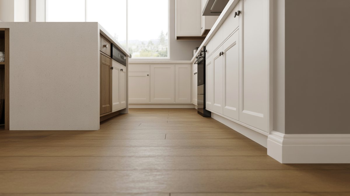 Contemporary kitchen with white cabinets and flat baseboards on oak flooring